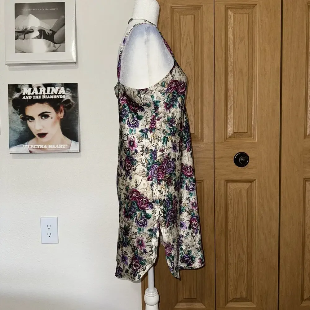 Vintage 90s Adonna Slip Dress Women's Medium Floral Beige Purple Satin Sleepwear - Picture 2 of 10
